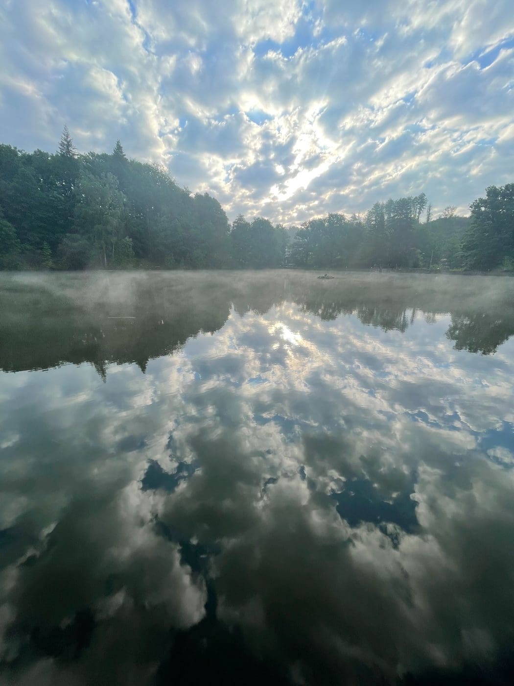 A still lake at dawn with mist on the water